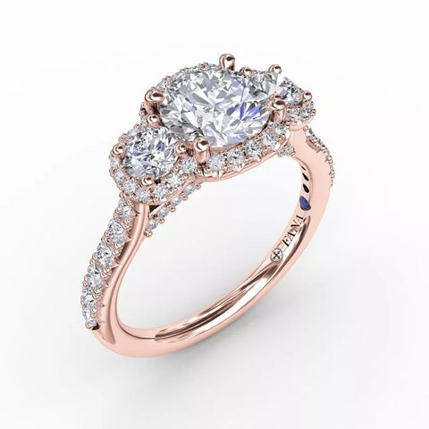 FANA Three-Stone Round Diamond Halo Engagement Ring Setting