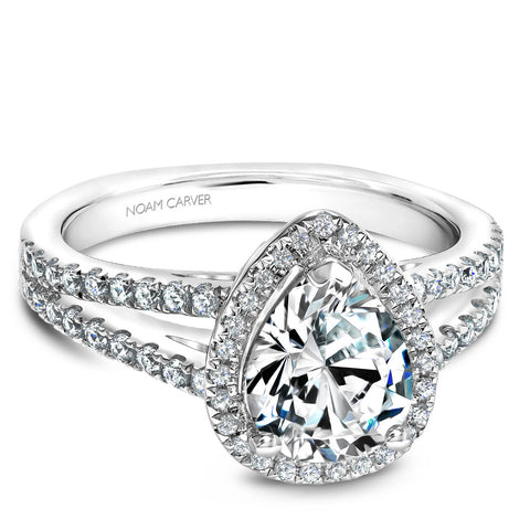 Noam Carver White Gold Split Shank Diamond Halo Engagement Ring Setting with Pear Center Stone (0.46 CTW)