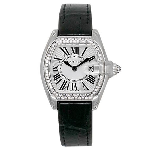 Pre-Owned Cartier Ladies Roadster Stainless Steel With Diamond Bezel on a Black Leather Strap