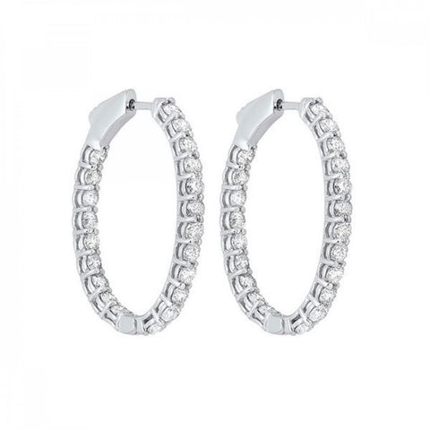 14K White Gold Prong Inside Outside Oval Shaped Diamond Hoop Earrings 2CTW