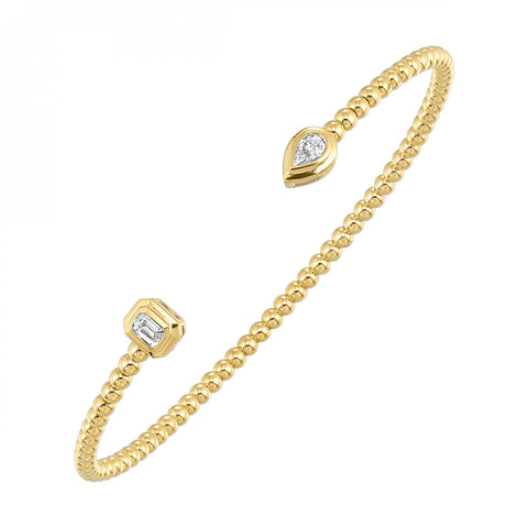 14K Yellow Gold Beaded Cuff Emerald & Pear Diamond Bangle (0.20CTW)