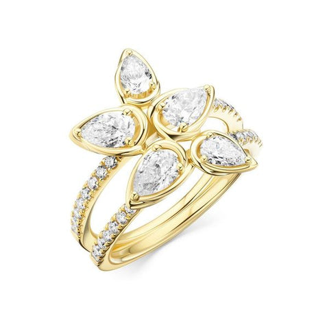 18K Yellow Gold Pear-Shaped Diamond Floral Ring with Two-Row Diamond Band