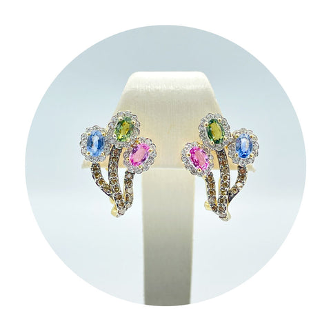 Estate 18K Yellow Gold Diamond & Multi Sapphire Earrings (1.30CTW)