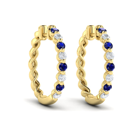 Vlora Adella 14K Gold Diamond and Blue Sapphire Twist Huggie Hoop Earrings (Diamond 0.36CTW, Blue Sapphire 0.52CTW )
