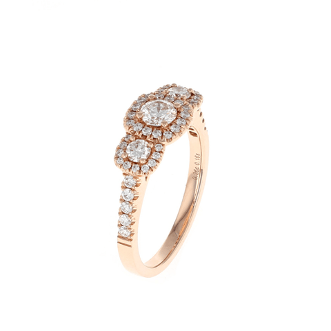 Three Stone Halo Complete Engagement Ring 14K Rose Gold (.72CTW)